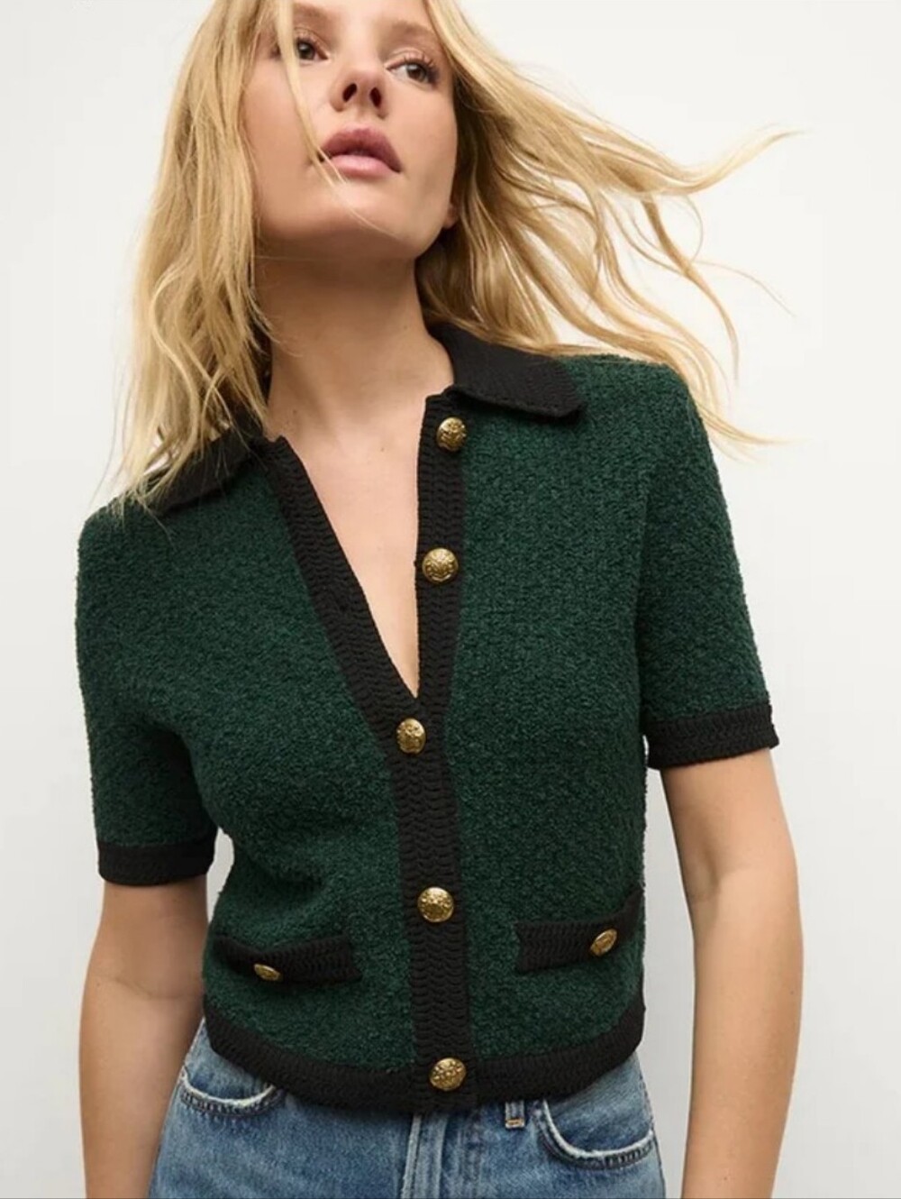 Veronica Beard Marie Green Wool Bouclé Short Sleeve Cardigan Sweater Size XL